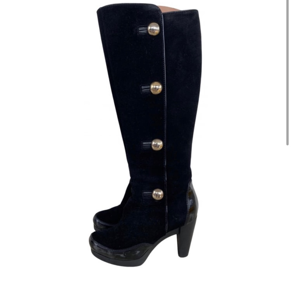 Fendi suede and patent leather tall boots with gold button detail